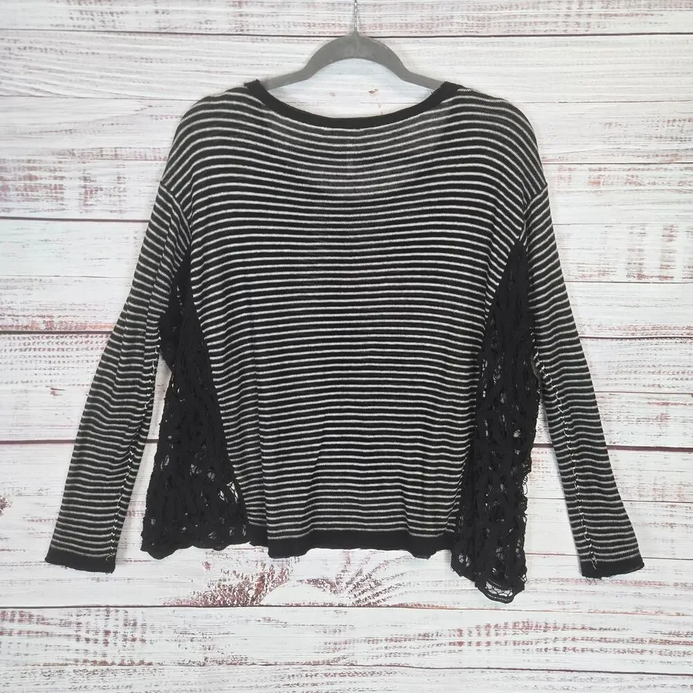 Free People Love Me Do Black Stripe Top XS Linen Crochet Lace Trim Relaxed Boho